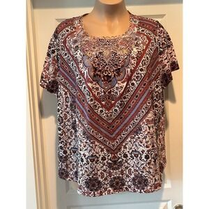 Catherines 2X Floral print embellished top Wimsy. Fairy Core Boho Earth tones